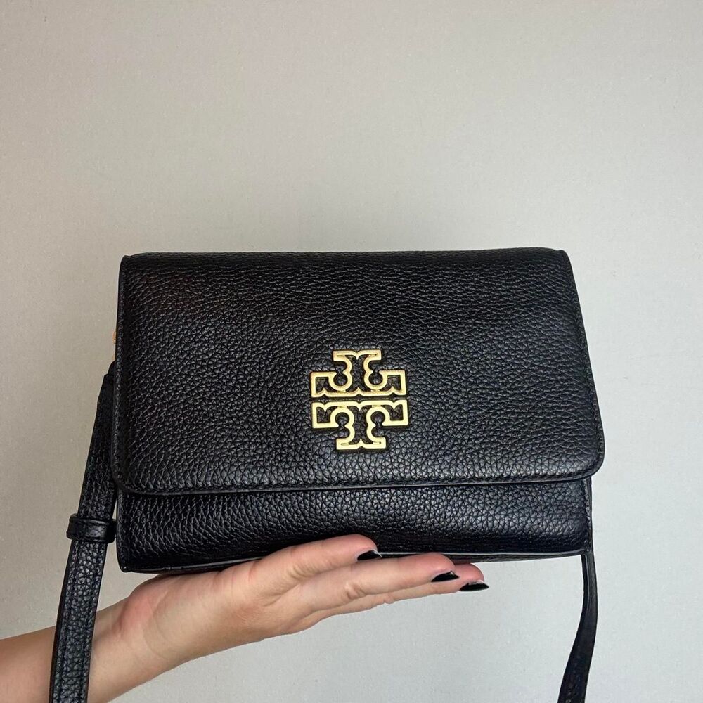Tory Burch Britten black pebbled leather crossbody bag with gold hardware